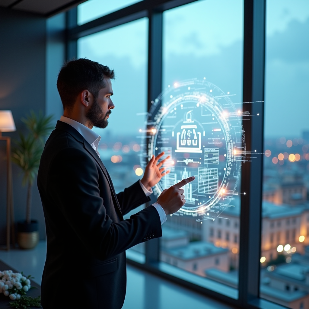 Consulente finanziario professionista che utilizza strumenti digitali avanzati e display olografici in un elegante ufficio milanese con vista panoramica sulla città, ambiente moderno e sofisticato con tecnologia all'avanguardia