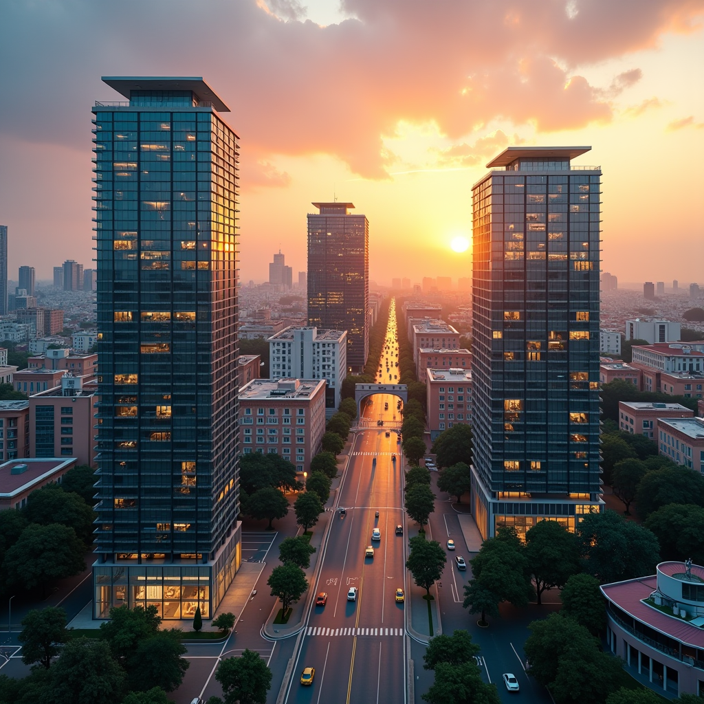 Veduta del distretto finanziario di Milano al tramonto con edifici moderni dotati di pannelli solari e architettura sostenibile, simbolo dell'impegno verso la finanza verde