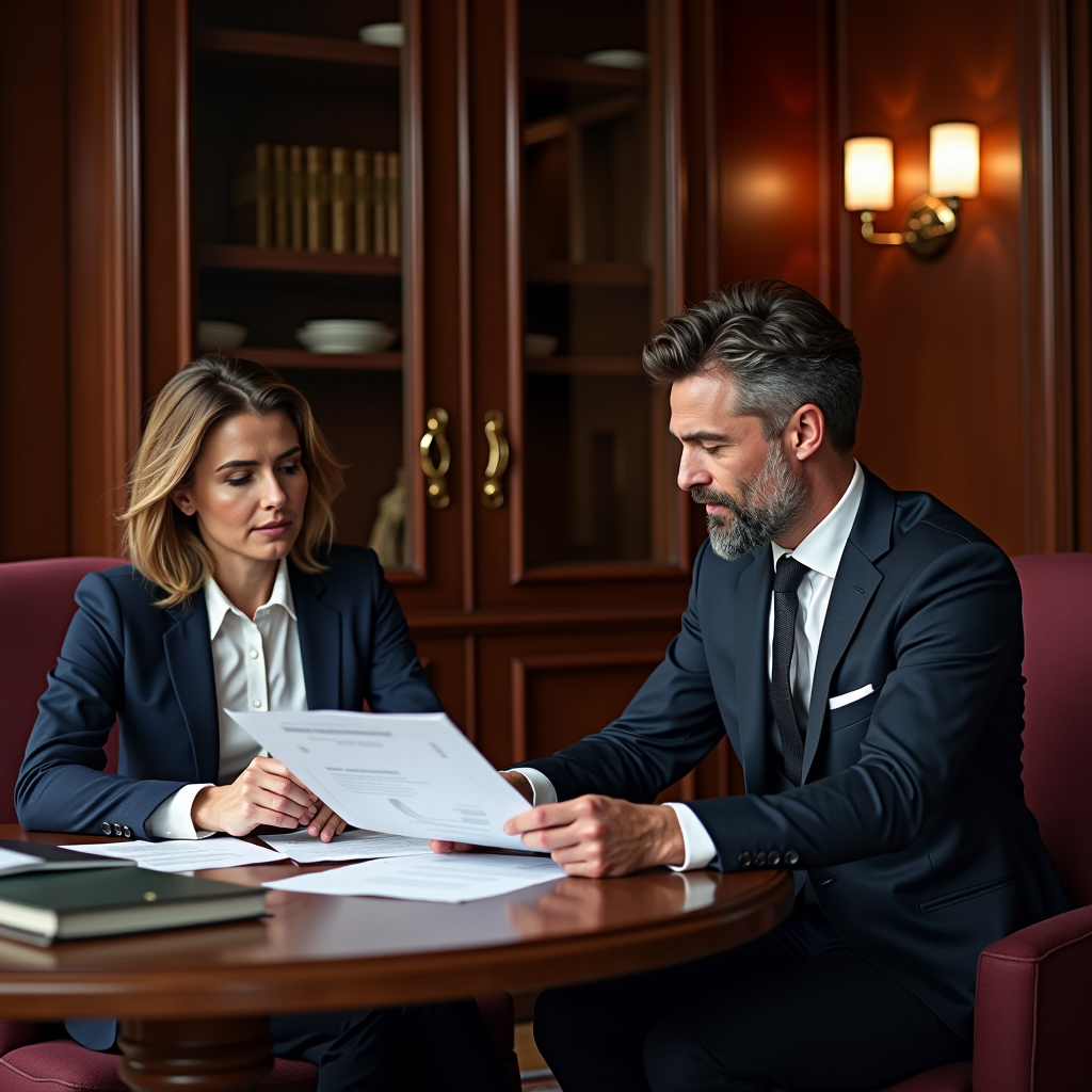 Consulente finanziario professionista in elegante ufficio milanese che analizza documenti finanziari con cliente, ambiente raffinato con mobili in legno scuro e dettagli in burgundy