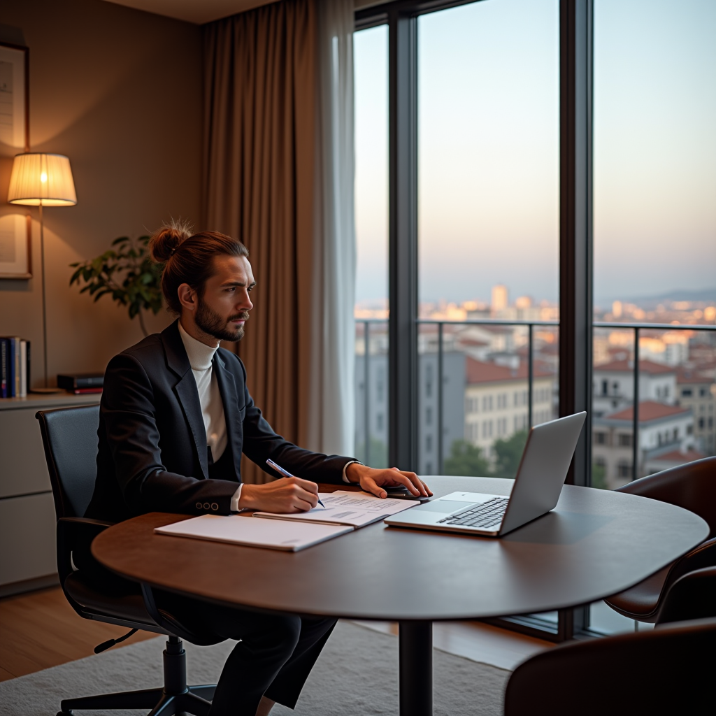 Consulenti finanziari professionisti di KRUSO KAPITAL SPA in elegante ufficio milanese moderno con vista panoramica sulla città, atmosfera professionale e riservata, toni caldi e sofisticati, ambiente di lavoro prestigioso con arredi di design