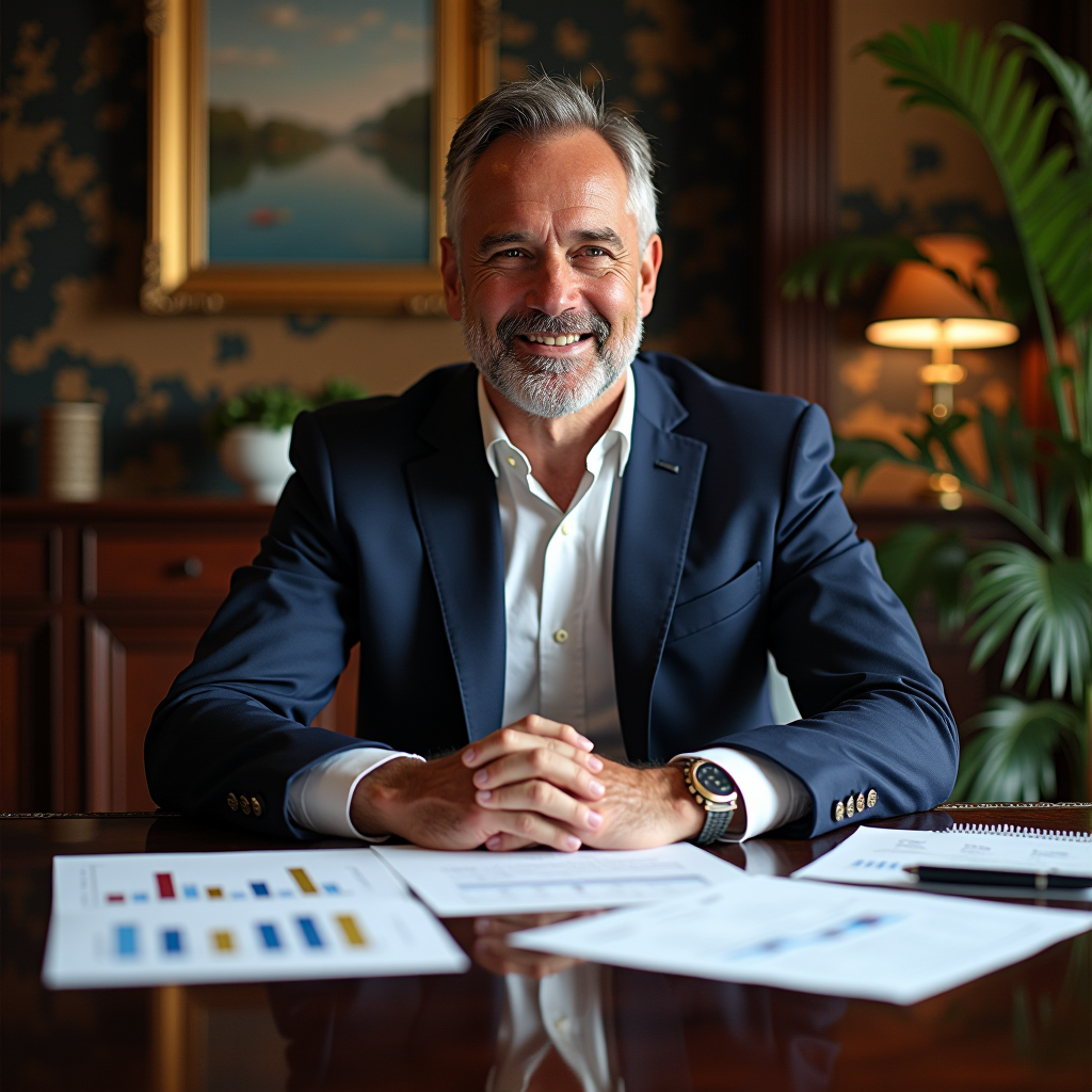 Consulente finanziario senior di KRUSO KAPITAL SPA durante una sessione di pianificazione patrimoniale con clienti in un elegante ufficio milanese, con documenti finanziari e grafici patrimoniali sul tavolo, ambiente professionale con arredi di pregio