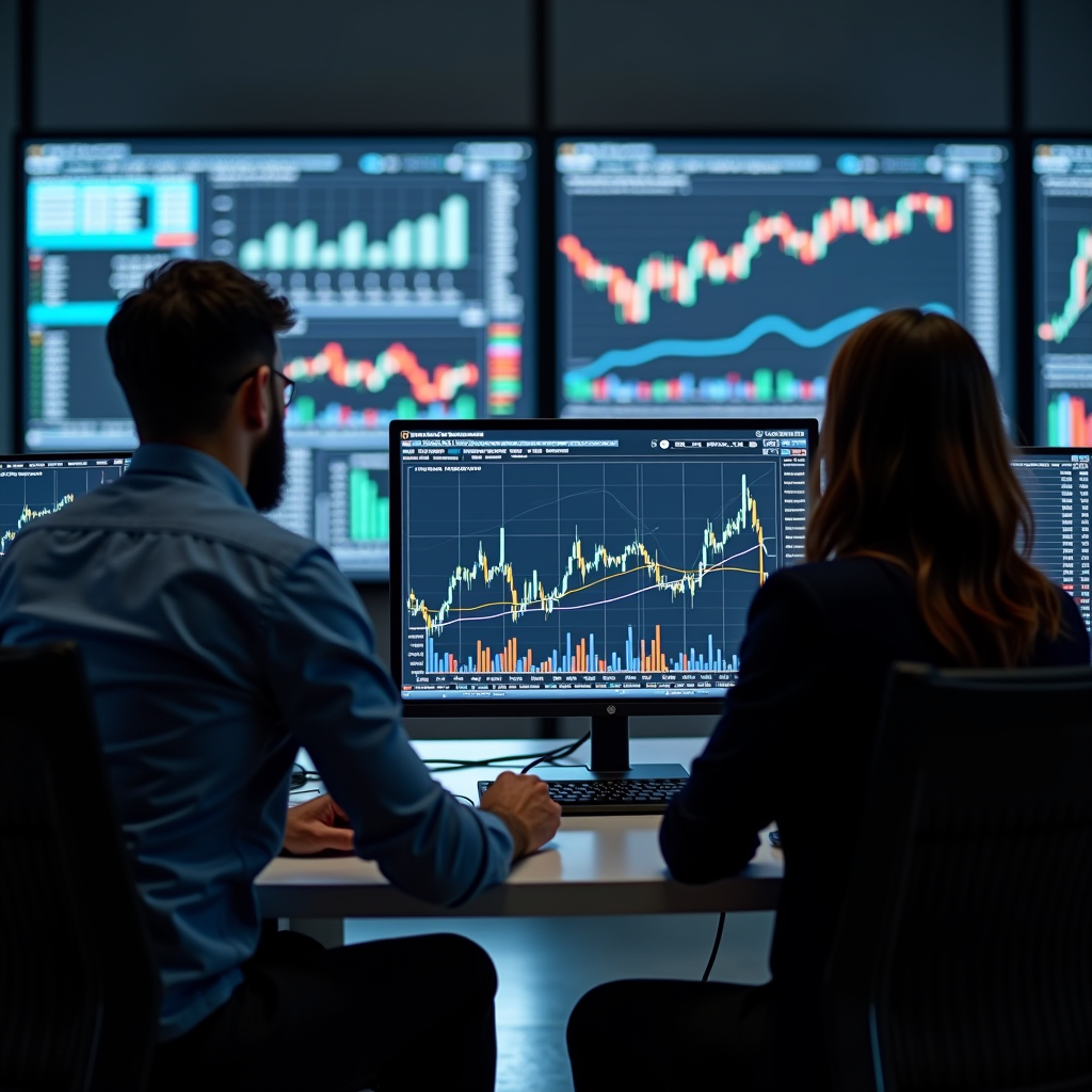 Team di gestori professionali di KRUSO KAPITAL SPA che analizza dati finanziari e grafici di mercato in un moderno ufficio milanese, con schermi che mostrano analisi quantitative e allocazioni di portafoglio