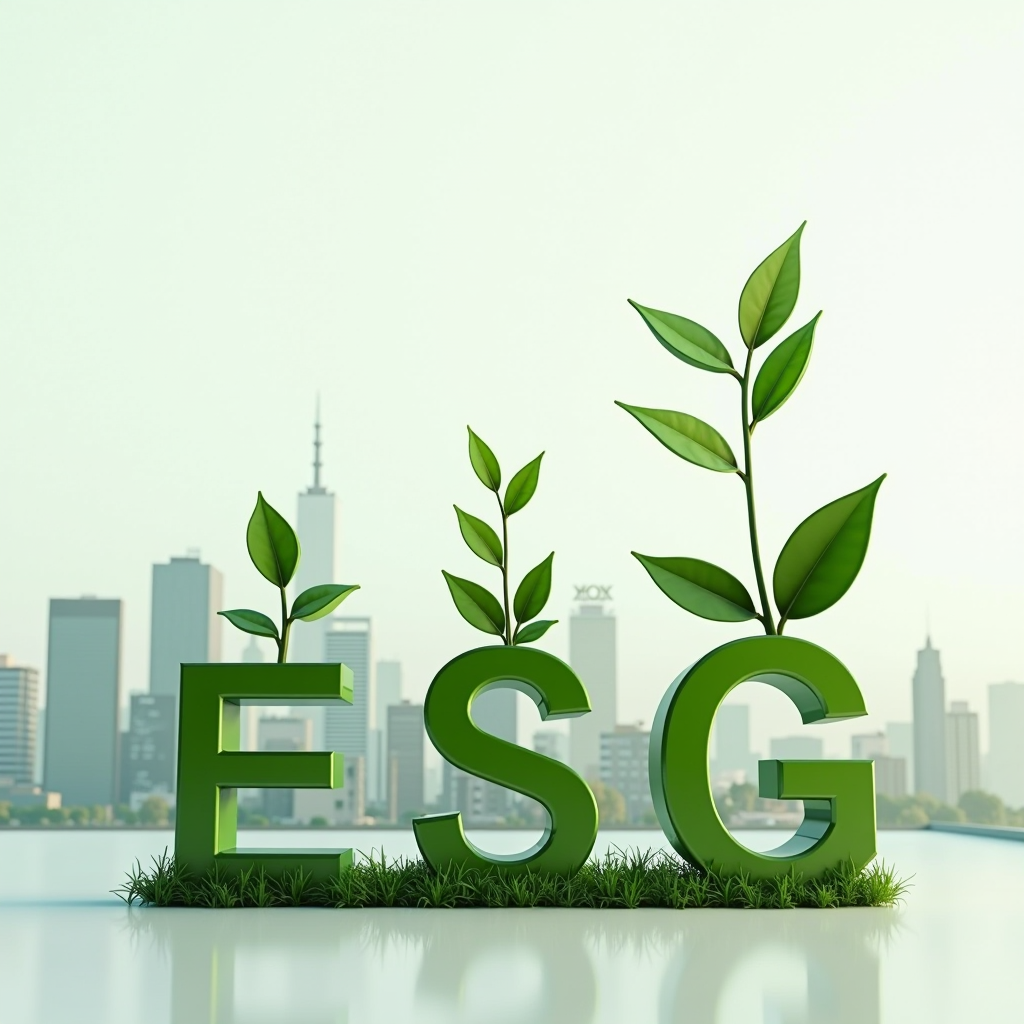 Immagine che rappresenta la sostenibilità nel settore finanziario: simboli ESG (Environmental, Social, Governance), skyline di Milano con elementi green, grafici di performance sostenibile, intermediari finanziari impegnati in pratiche responsabili, certificazioni ambientali e sociali
