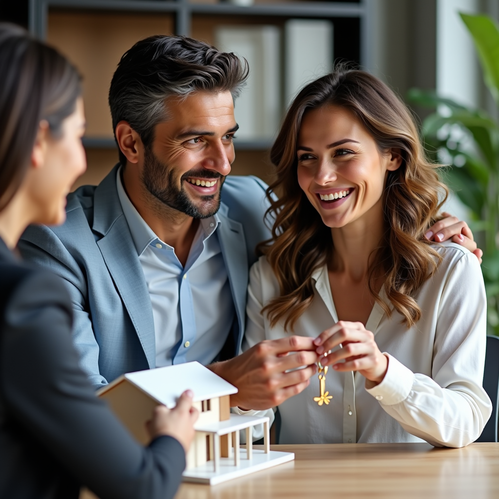 Giovane coppia italiana felice che riceve chiavi di nuova casa da consulente immobiliare in elegante ufficio, modello architettonico di proprietà residenziale sul tavolo